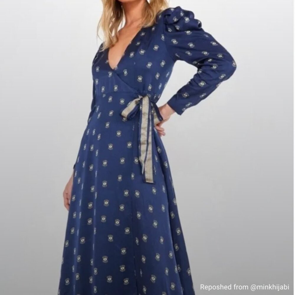 Farm Rio winking eye print wrap dress dark blue silk with gold